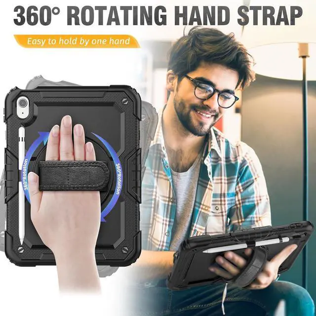 Alt view image 3 of 7 - HXCASEAC Case for A16 iPad 11th/10th Generation, Heavy Duty Protective, with Screen Protector, Pencil Holder, 360 Stand, Hand Strap, Shoulder Strap, (A2969/A2757/A3354/A3355/3356), Black