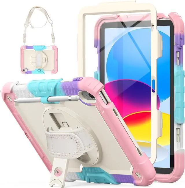 Main image of Case for iPad 10th Generation 10.9 inch with Pencil Holder, Screen Protector, Rotating Hand Strap Stand, Heavy Duty Protective for iPad 10 Case A2696 / A2757 / A2777, Pink