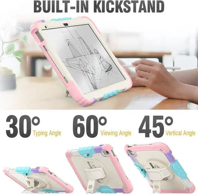 Alt view image 4 of 7 - Case for iPad 10th Generation 10.9 inch with Pencil Holder, Screen Protector, Rotating Hand Strap Stand, Heavy Duty Protective for iPad 10 Case A2696 / A2757 / A2777, Pink