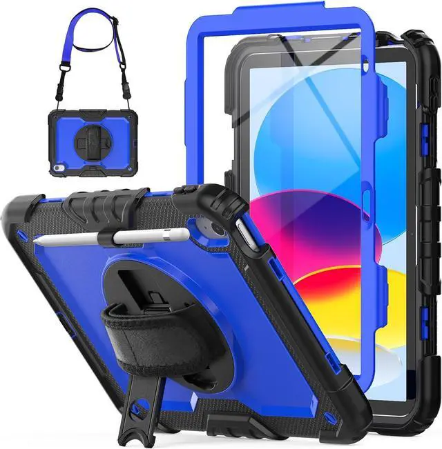 Main image of Case for iPad 10th Generation 10.9 inch with Pencil Holder, Screen Protector, Rotating Hand Strap Stand, Heavy Duty Protective for iPad 10 Case A2696 / A2757 / A2777, Blue