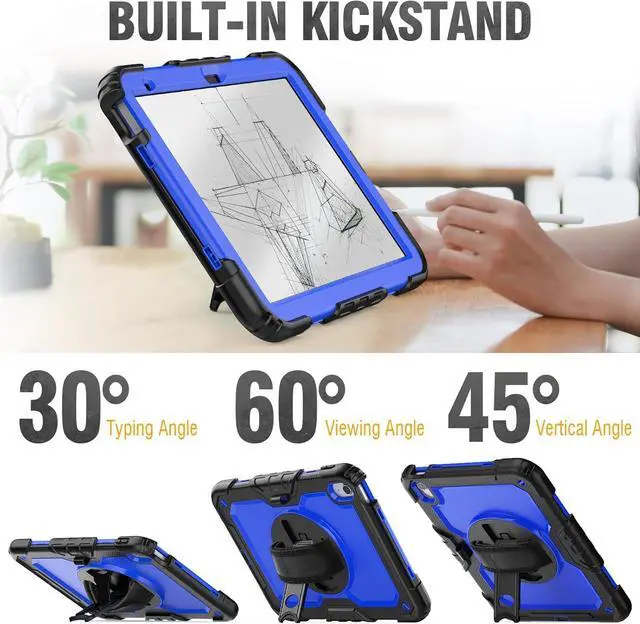 Alt view image 4 of 7 - Case for iPad 10th Generation 10.9 inch with Pencil Holder, Screen Protector, Rotating Hand Strap Stand, Heavy Duty Protective for iPad 10 Case A2696 / A2757 / A2777, Blue