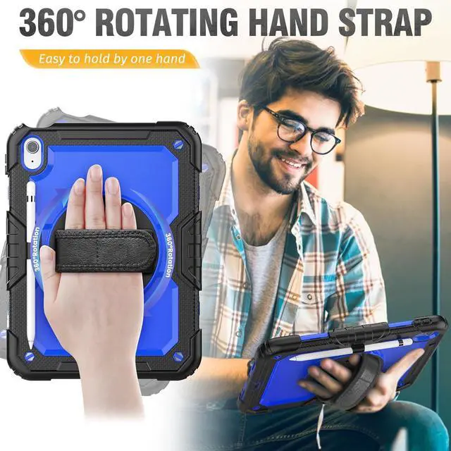 Alt view image 3 of 7 - Case for iPad 10th Generation 10.9 inch with Pencil Holder, Screen Protector, Rotating Hand Strap Stand, Heavy Duty Protective for iPad 10 Case A2696 / A2757 / A2777, Blue