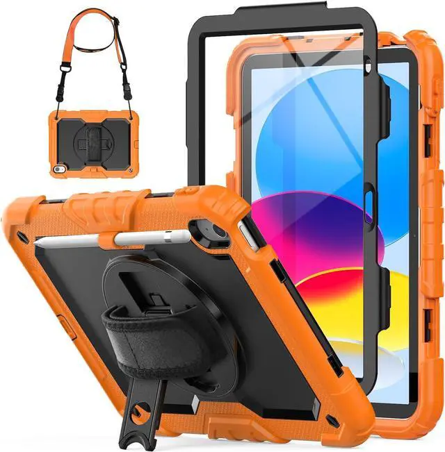 Main image of Case for iPad 10th Generation 10.9 inch with Pencil Holder, Screen Protector, Rotating Hand Strap Stand, Heavy Duty Protective for iPad 10 Case A2696 / A2757 / A2777, Orange