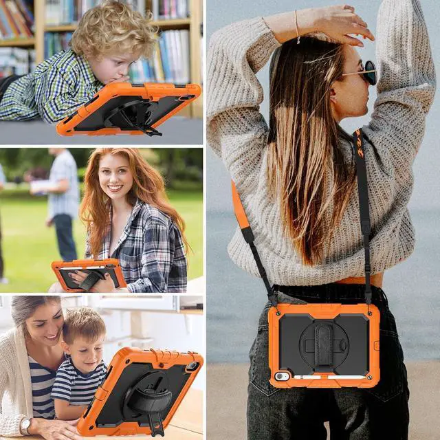 Alt view image 2 of 7 - Case for iPad 10th Generation 10.9 inch with Pencil Holder, Screen Protector, Rotating Hand Strap Stand, Heavy Duty Protective for iPad 10 Case A2696 / A2757 / A2777, Orange