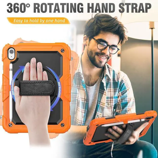 Alt view image 3 of 7 - Case for iPad 10th Generation 10.9 inch with Pencil Holder, Screen Protector, Rotating Hand Strap Stand, Heavy Duty Protective for iPad 10 Case A2696 / A2757 / A2777, Orange