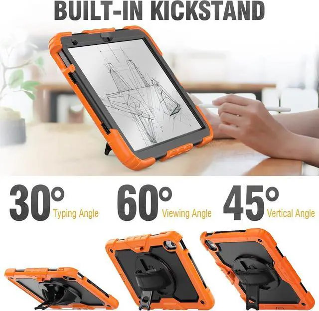 Alt view image 4 of 7 - Case for iPad 10th Generation 10.9 inch with Pencil Holder, Screen Protector, Rotating Hand Strap Stand, Heavy Duty Protective for iPad 10 Case A2696 / A2757 / A2777, Orange