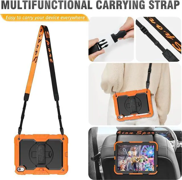 Alt view image 5 of 7 - Case for iPad 10th Generation 10.9 inch with Pencil Holder, Screen Protector, Rotating Hand Strap Stand, Heavy Duty Protective for iPad 10 Case A2696 / A2757 / A2777, Orange
