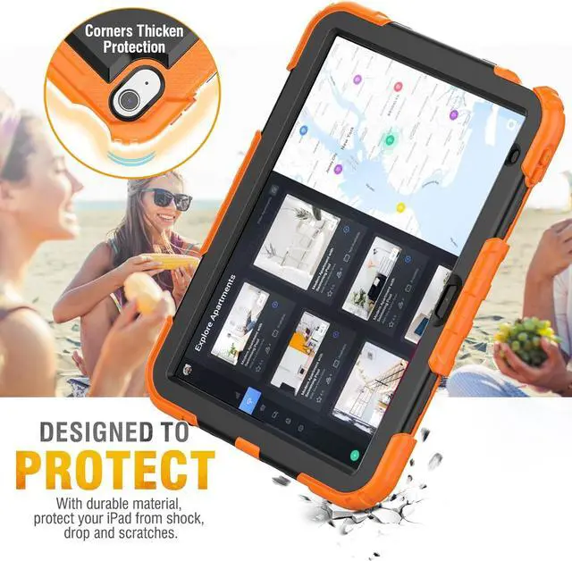 Alt view image 6 of 7 - Case for iPad 10th Generation 10.9 inch with Pencil Holder, Screen Protector, Rotating Hand Strap Stand, Heavy Duty Protective for iPad 10 Case A2696 / A2757 / A2777, Orange