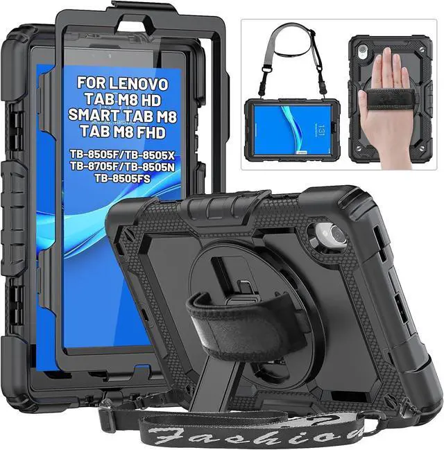 Main image of Case for  Tab M8 (HD/FHD/Smart) 2019/2021 8.0 inch (TB-8506FS TB-8506F TB-8505F TB-8505X TB-8505FS TB-8705F TB-8705N), M8 Tablet Case Screen Protector/Rotating Hand Strap/Stand, Black