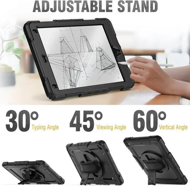 Alt view image 5 of 7 - for iPad Pro 9.7 Case, Air 2 Case, 9.7 inch 6th/5th Gen 2018/2017/2016/2014 with Screen Protector/Pencil Holder/ 360 Rotating Hand Strap Stand, Full Body Protective iPad 9.7 Cover - Black