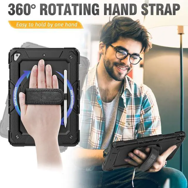 Alt view image 4 of 7 - for iPad Pro 9.7 Case, Air 2 Case, 9.7 inch 6th/5th Gen 2018/2017/2016/2014 with Screen Protector/Pencil Holder/ 360 Rotating Hand Strap Stand, Full Body Protective iPad 9.7 Cover - Black