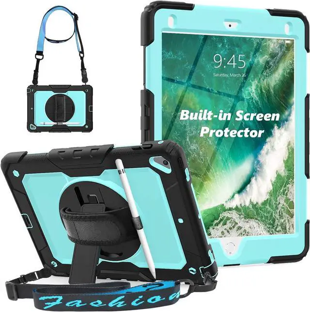 Main image of for iPad 6th/5th Generation Case, iPad Air 2 / Pro 9.7 inch Case with Pencil Holder/Screen Protector/Hand Strap Stand [3-Layer] iPad 9.7 Case 2018/2017/2016/2014 Full Body Protective - Blue
