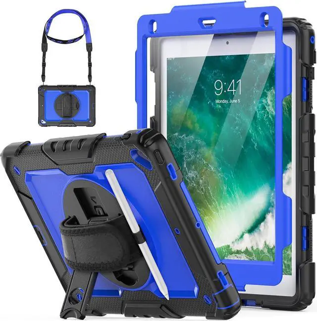 Alt view image 2 of 7 - for iPad 6th/5th Generation Case, iPad Air 2 / Pro 9.7 inch Case with Pencil Holder/Screen Protector/Hand Strap Stand [3-Layer] iPad 9.7 Case 2018/2017/2016/2014 Full Body Protective - Blue