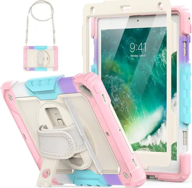 Main image of for iPad Air 2 Case, iPad 6th 5th Generation/Pro 9.7 inch Case with Screen Protector, Hand Strap, Built-in Stand, Carrying Strap, Pencil Holder, Protective iPad 9.7 Case for Kids, Pink