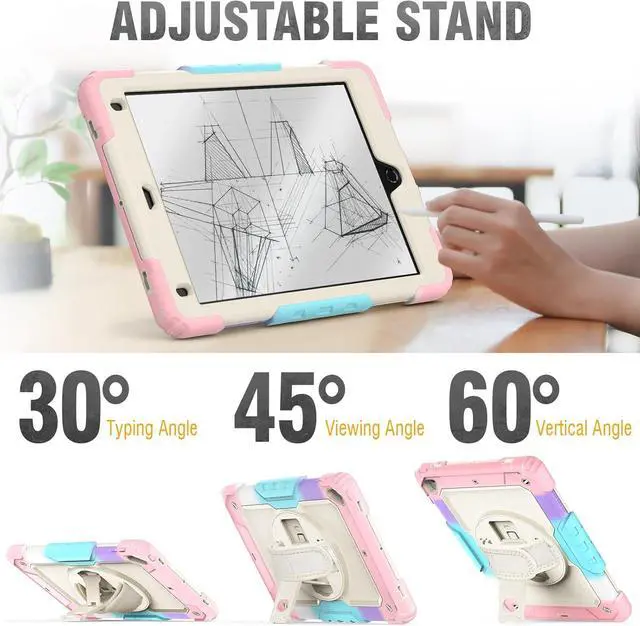 Alt view image 5 of 7 - for iPad Air 2 Case, iPad 6th 5th Generation/Pro 9.7 inch Case with Screen Protector, Hand Strap, Built-in Stand, Carrying Strap, Pencil Holder, Protective iPad 9.7 Case for Kids, Pink