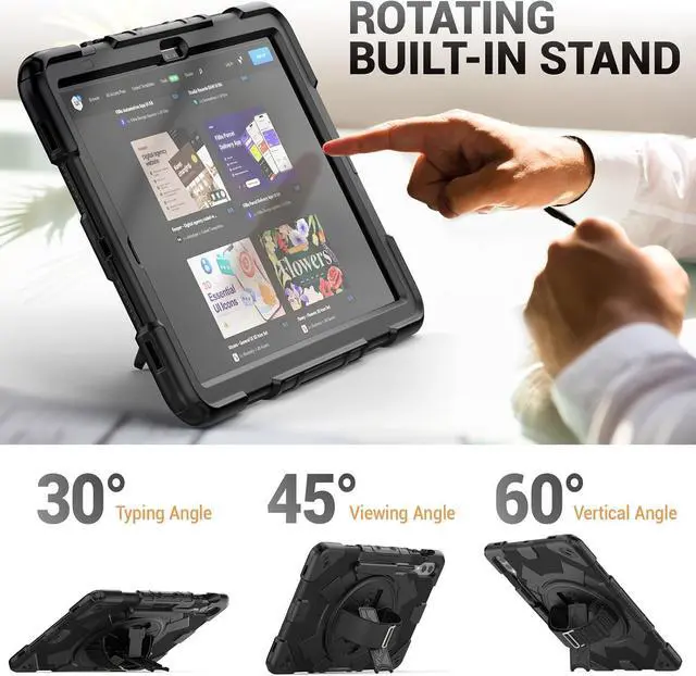 Alt view image 5 of 7 - Case for Galaxy Tab S9 Fe + Case/Tab S9 Plus Case 12.4 inch Protective with Screen Protector/S Pen Holder/Rotating Hand Strap, Heavy Duty  Galaxy S9 FE+ / S9+ Tablet Case - Black