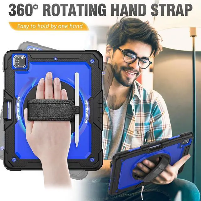 Alt view image 4 of 7 - Case for iPad Pro 12.9 inch (Pro 6th 5th 4th 3rd) Shockproof with Screen Protector/Pencil Holder/Hand Strap, [3-Layer] Heavy Duty Protective iPad Pro 12.9 Case 2022/2021/2020/2018, Blue