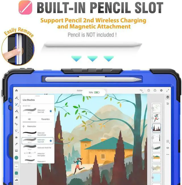 Alt view image 6 of 7 - Case for iPad Pro 12.9 inch (Pro 6th 5th 4th 3rd) Shockproof with Screen Protector/Pencil Holder/Hand Strap, [3-Layer] Heavy Duty Protective iPad Pro 12.9 Case 2022/2021/2020/2018, Blue