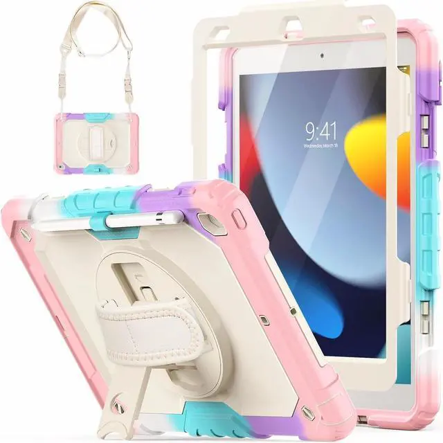 Main image of Shockproof Case for iPad 9th 8th 7th Generation, with Pencil Holder/Screen Protector/Hand Strap/Shoulder Strap Carrying Case for iPad 10.2 inch Gen (2021 2020 2019) - Pink
