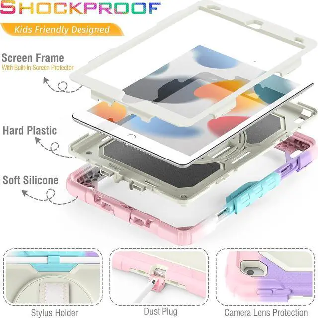 Alt view image 7 of 7 - Shockproof Case for iPad 9th 8th 7th Generation, with Pencil Holder/Screen Protector/Hand Strap/Shoulder Strap Carrying Case for iPad 10.2 inch Gen (2021 2020 2019) - Pink