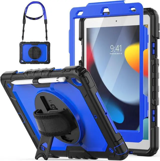 Main image of Shockproof Case for iPad 9th 8th 7th Generation, with Pencil Holder/Screen Protector/Hand Strap/Shoulder Strap Carrying Case for iPad 10.2 inch Gen (2021 2020 2019) - Blue