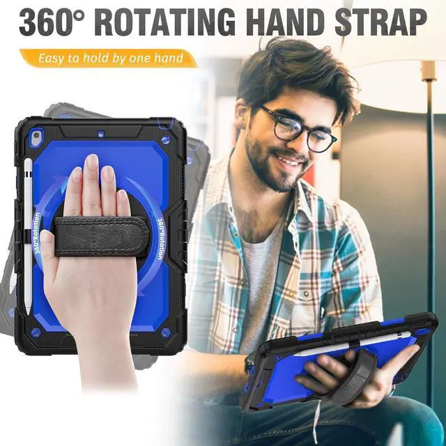 Alt view image 3 of 7 - Shockproof Case for iPad 9th 8th 7th Generation, with Pencil Holder/Screen Protector/Hand Strap/Shoulder Strap Carrying Case for iPad 10.2 inch Gen (2021 2020 2019) - Blue