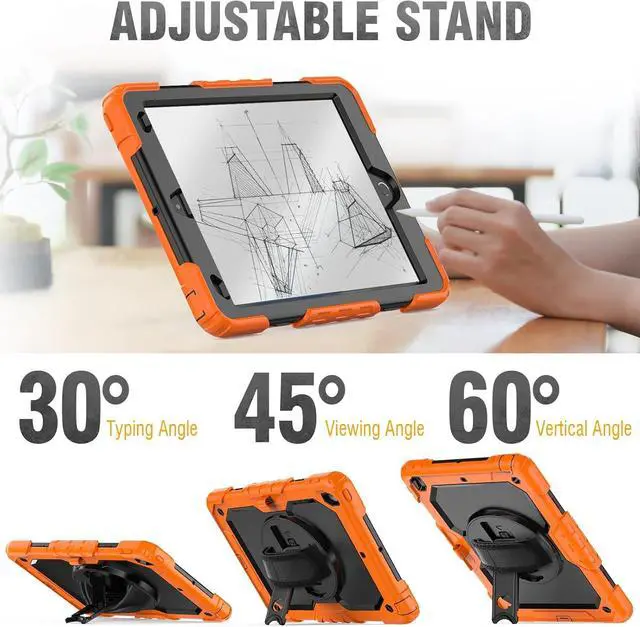 Alt view image 4 of 7 - Shockproof Case for iPad 9th 8th 7th Generation, with Pencil Holder/Screen Protector/Hand Strap/Shoulder Strap Carrying Case for iPad 10.2 inch Gen (2021 2020 2019) - Orange