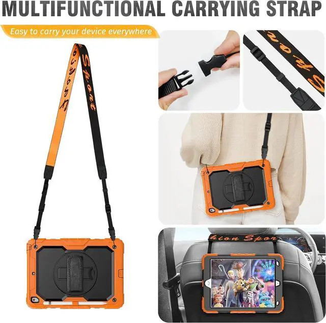 Alt view image 5 of 7 - Shockproof Case for iPad 9th 8th 7th Generation, with Pencil Holder/Screen Protector/Hand Strap/Shoulder Strap Carrying Case for iPad 10.2 inch Gen (2021 2020 2019) - Orange