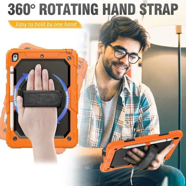 Alt view image 3 of 7 - Shockproof Case for iPad 9th 8th 7th Generation, with Pencil Holder/Screen Protector/Hand Strap/Shoulder Strap Carrying Case for iPad 10.2 inch Gen (2021 2020 2019) - Orange