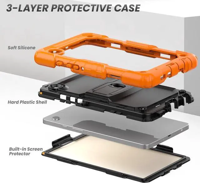 Alt view image 6 of 7 - Shockproof Case for  Galaxy Tab A9 Case 8.7 Inch with Screen Protector/Built-in Stand [3-Layer Drop Poof] Protective  A9 Tablet Case 2023 SM-X110/X115/X117 Cover - Orange