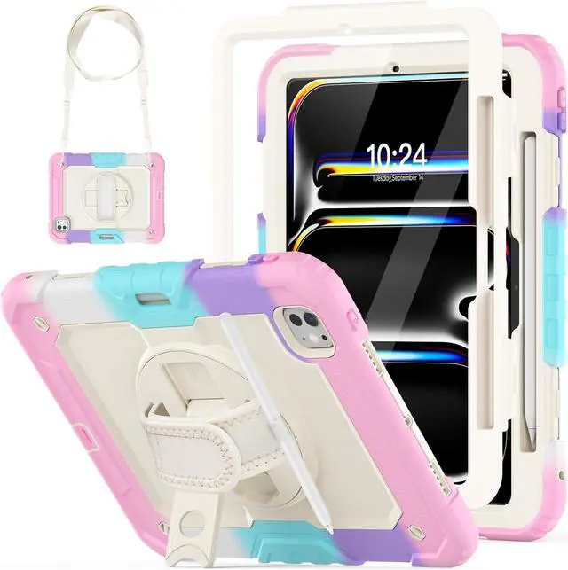 Main image of Case for iPad Pro 11 inch 2024 (M4), Shockproof Design with Pencil Holder/Screen Protector/Rotating Hand Strap Stand, Protective Cover for iPad Pro11 5th Gen (A2836, A2837, A3006) - Pink