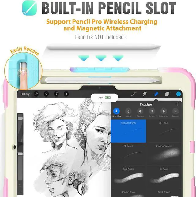 Alt view image 6 of 7 - Case for iPad Pro 11 inch 2024 (M4), Shockproof Design with Pencil Holder/Screen Protector/Rotating Hand Strap Stand, Protective Cover for iPad Pro11 5th Gen (A2836, A2837, A3006) - Pink