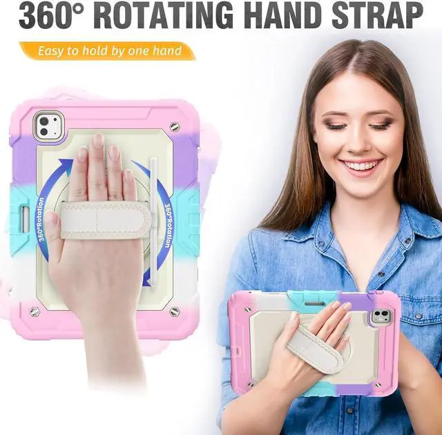 Alt view image 4 of 7 - Case for iPad Pro 11 inch 2024 (M4), Shockproof Design with Pencil Holder/Screen Protector/Rotating Hand Strap Stand, Protective Cover for iPad Pro11 5th Gen (A2836, A2837, A3006) - Pink