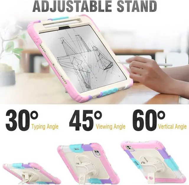 Alt view image 5 of 7 - Case for iPad Pro 11 inch 2024 (M4), Shockproof Design with Pencil Holder/Screen Protector/Rotating Hand Strap Stand, Protective Cover for iPad Pro11 5th Gen (A2836, A2837, A3006) - Pink
