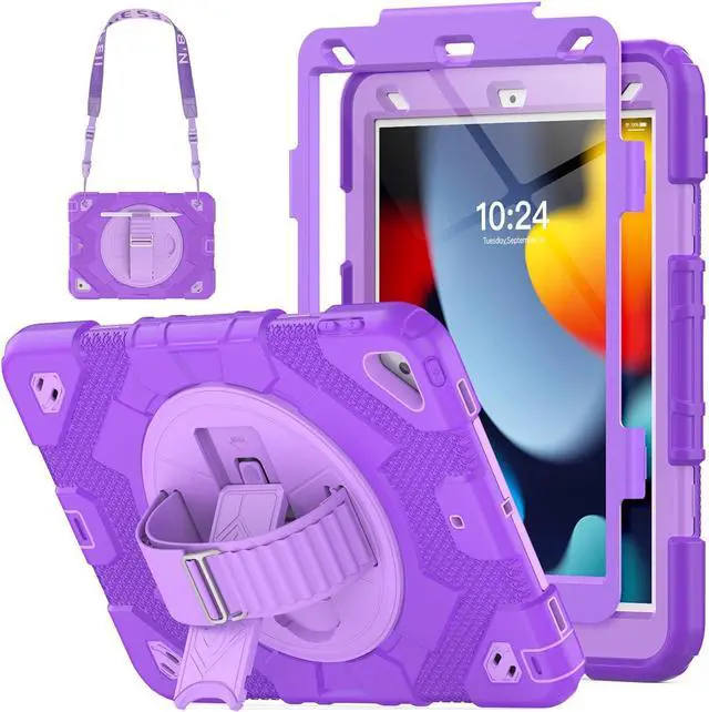 Main image of Case for iPad Air 3rd Generation/Pro 10.5 inch / 10.2 inch with Pencil Holder & Adjustable Hand Strap & Screen Protector, Full Body Protective Case for iPad 9th 8th 7th Gen & Air 3 - Purple