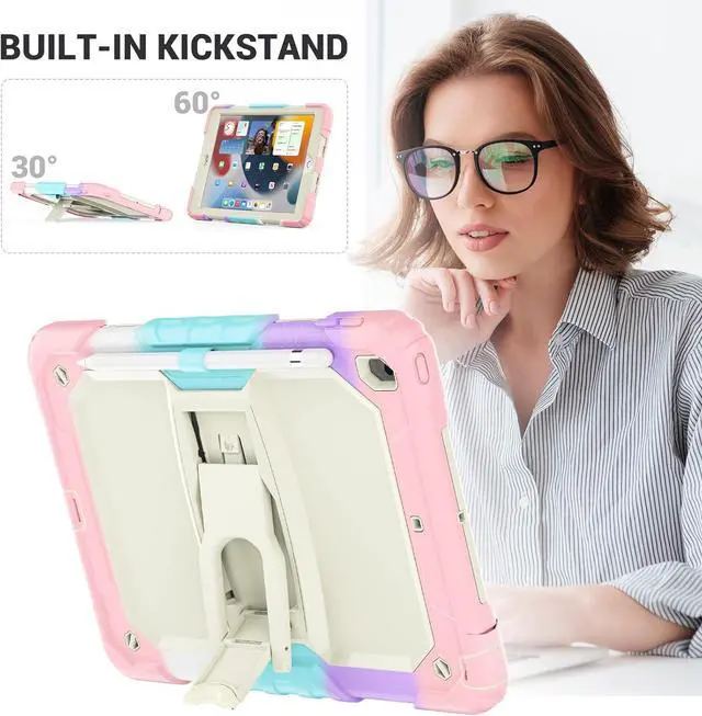 Alt view image 4 of 7 - Silicone Case for iPad 9th/ 8th/ 7th Generation, with Screen Protector/Pencil Holder/Built- in Stand, Protective Case for iPad 10.2 inch 2021/2020/2019 (Pink)