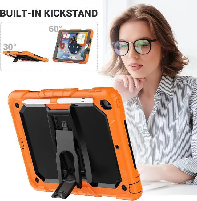 Alt view image 4 of 7 - Silicone Case for iPad 9th/ 8th/ 7th Generation, with Screen Protector/Pencil Holder/Built- in Stand, Protective Case for iPad 10.2 inch 2021/2020/2019 (Orange)