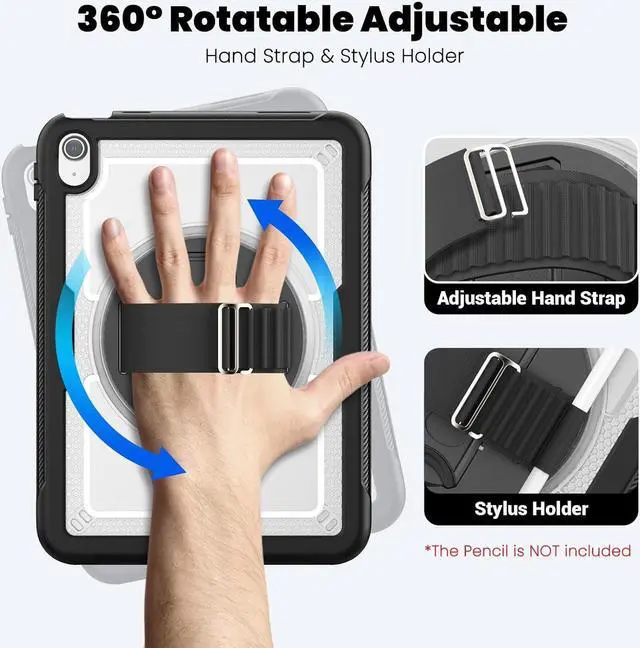 Alt view image 4 of 7 - Case for iPad 10th Generation with Hand Strap/Pencil Holder/Screen Protector, Full Body Protective Case for iPad 10 Gen A2696 / A2757 / A2777 (Clear)