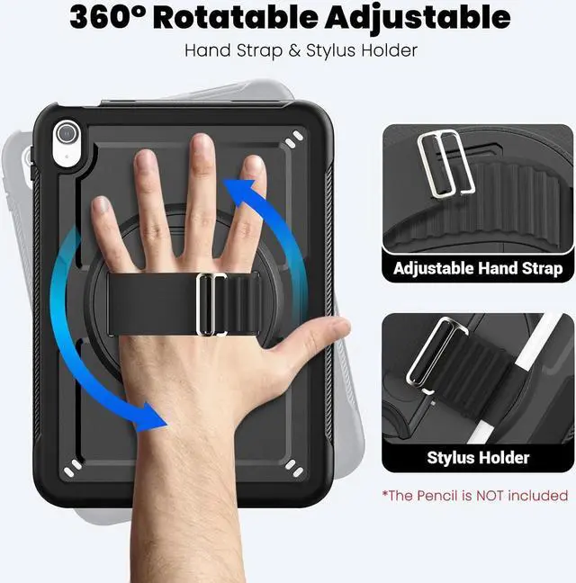Alt view image 4 of 7 - Case for iPad 10th Generation with Hand Strap/Pencil Holder/Screen Protector, Full Body Protective Case for iPad 10 Gen A2696 / A2757 / A2777 (Black)