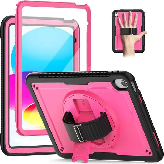 Main image of Case for iPad 10th Generation with Hand Strap/Pencil Holder/Screen Protector, Full Body Protective Case for iPad 10 Gen A2696 / A2757 / A2777 (Pink)