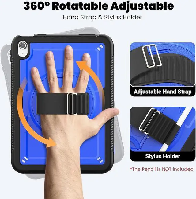 Alt view image 4 of 7 - Case for iPad 10th Generation with Hand Strap/Pencil Holder/Screen Protector, Full Body Protective Case for iPad 10 Gen A2696 / A2757 / A2777 (Blue)