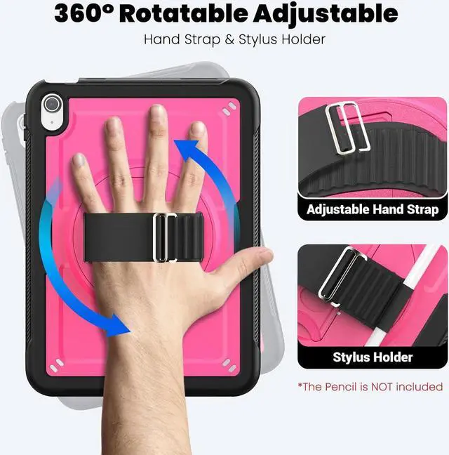Alt view image 3 of 7 - Case for iPad 10th Generation with Hand Strap/Pencil Holder/Screen Protector, Full Body Protective Case for iPad 10 Gen A2696 / A2757 / A2777 (Pink)