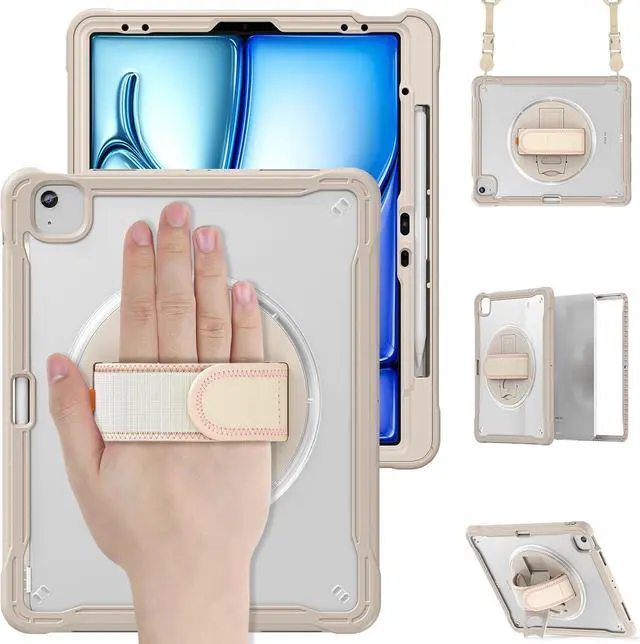 Main image of iPad Air 13 inch Case 2024 M2 Chip Dual-Layer Protective Tablet Cover,Lightweight Durable,Shock-Absorbing Corners with 360° Rotating Hand Strap and Hidden Kickstand & Shoulder Strap, Khaki