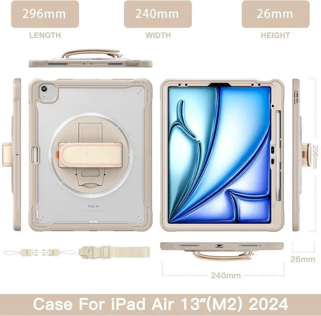 Alt view image 2 of 7 - iPad Air 13 inch Case 2024 M2 Chip Dual-Layer Protective Tablet Cover,Lightweight Durable,Shock-Absorbing Corners with 360° Rotating Hand Strap and Hidden Kickstand & Shoulder Strap, Khaki