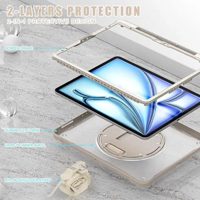 Alt view image 3 of 7 - iPad Air 13 inch Case 2024 M2 Chip Dual-Layer Protective Tablet Cover,Lightweight Durable,Shock-Absorbing Corners with 360° Rotating Hand Strap and Hidden Kickstand & Shoulder Strap, Khaki