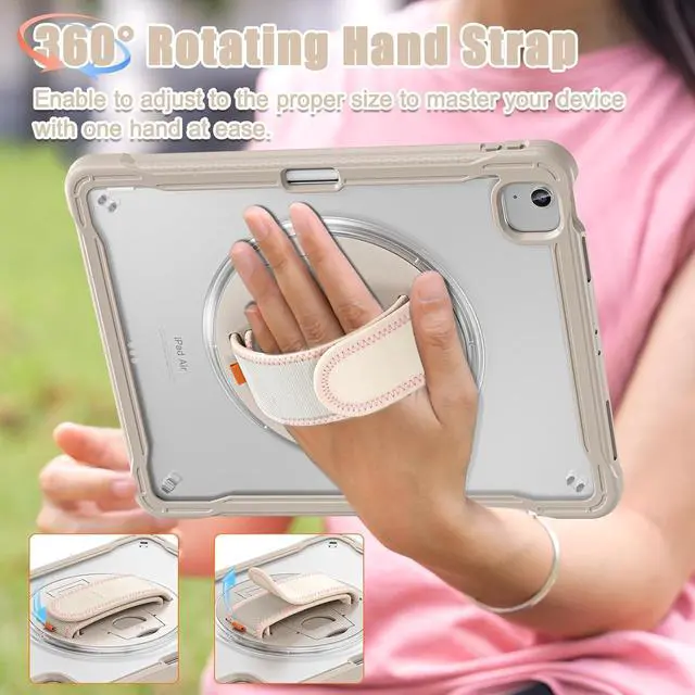 Alt view image 6 of 7 - iPad Air 13 inch Case 2024 M2 Chip Dual-Layer Protective Tablet Cover,Lightweight Durable,Shock-Absorbing Corners with 360° Rotating Hand Strap and Hidden Kickstand & Shoulder Strap, Khaki