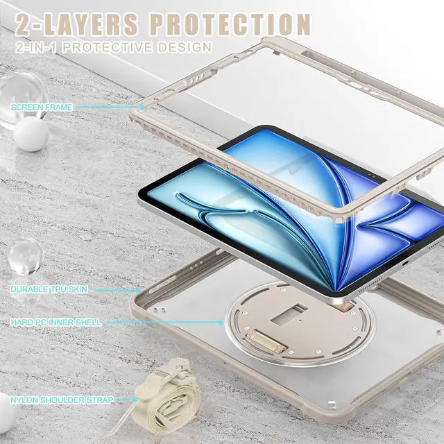 Alt view image 3 of 7 - iPad Air 11 inch Case 2024 M2 Chip Dual-Layer Protective Tablet Cover,Lightweight Durable,Shock-Absorbing Corners with 360° Rotating Hand Strap and Hidden Kickstand & Shoulder Strap, Khaki