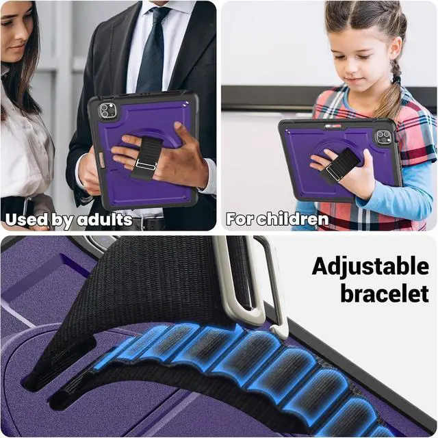Alt view image 5 of 7 - Case for iPad Air 5 (2022) M1 Chip/iPad Air 4th 2020 10.9 inch Multilayered Rugged Durable Shockproof Tablet Cover with 360° Rotating Hand Strap Foldable Hidden Stand, Purple