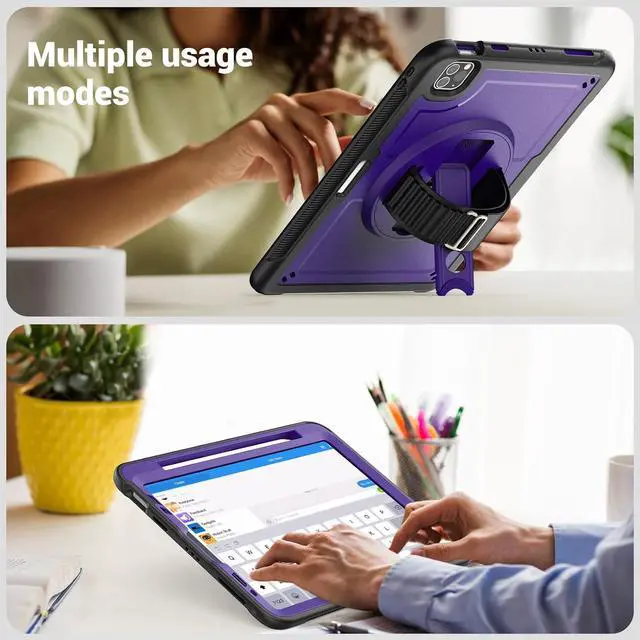 Alt view image 7 of 7 - Case for iPad Air 5 (2022) M1 Chip/iPad Air 4th 2020 10.9 inch Multilayered Rugged Durable Shockproof Tablet Cover with 360° Rotating Hand Strap Foldable Hidden Stand, Purple