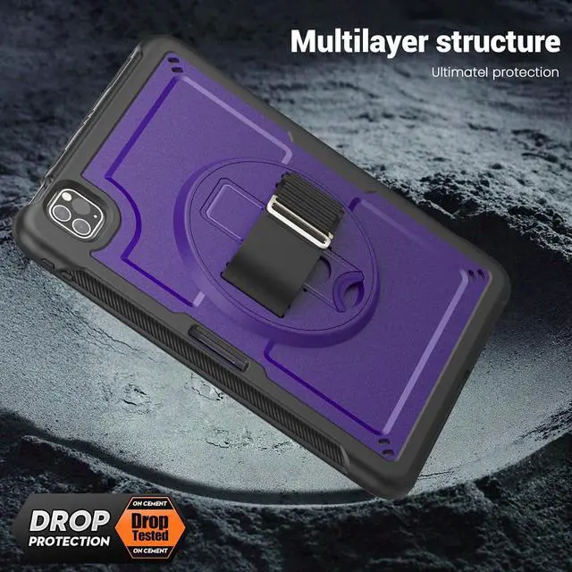 Alt view image 4 of 7 - Case for iPad Air 5 (2022) M1 Chip/iPad Air 4th 2020 10.9 inch Multilayered Rugged Durable Shockproof Tablet Cover with 360° Rotating Hand Strap Foldable Hidden Stand, Purple
